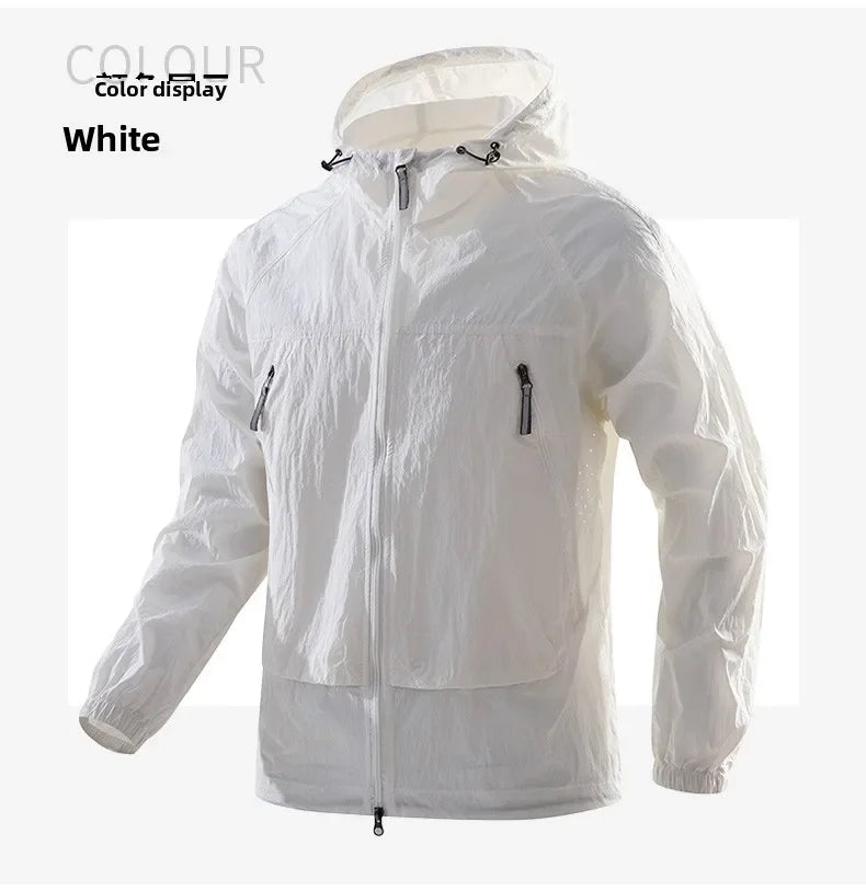 UPF50+Men's Hooded Windbreaker Jacket - Ultra Light Summer Zipper Pocket Elastic Cuffs Suitable for Outdoor Hiking and Running