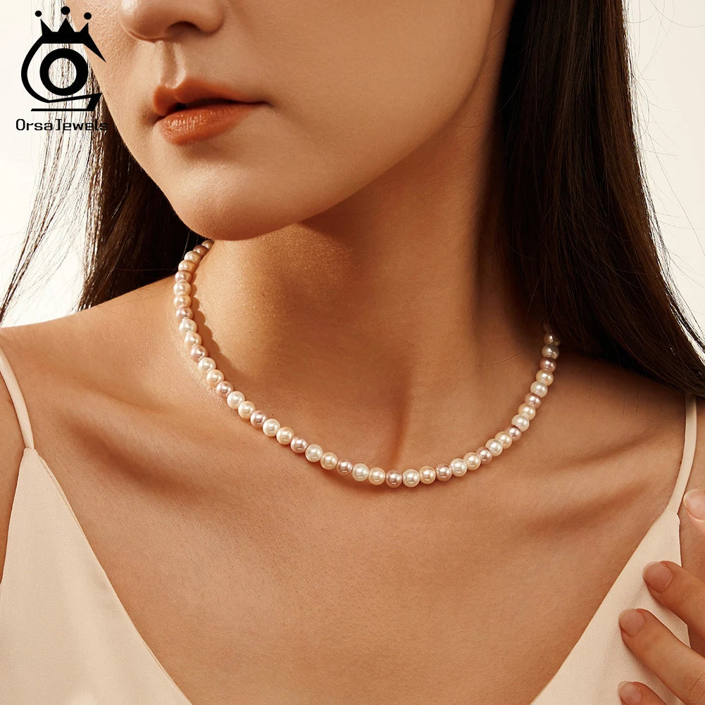 ORSA JEWELS 6mm Natural Shell Pearls Beaded Necklace 925 Silver Pink Purple Round Shell Choker Chain Wedding Pearl Chain PSN03