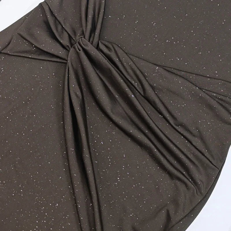 Elegant Long Sleeved One Shoudle Shiny Pleated Bodycon Party Evening Dress Women Spring New 2025 Tight Sexy Prom Vestidos