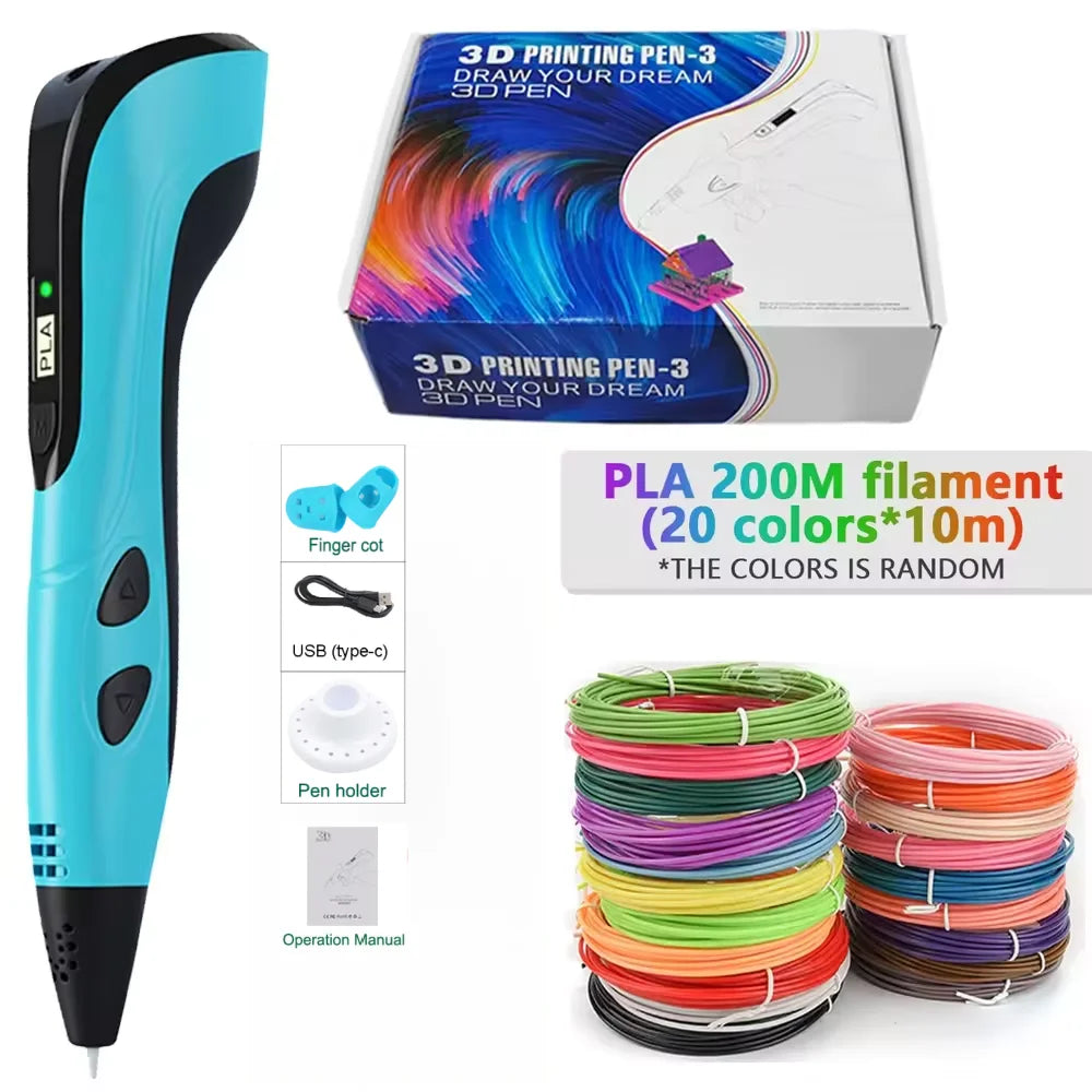 3D Printing Pen With LED Display 3D Pen Set for Kids Filament Children USB Drawing Tool Drawing Toy DIY Christmas Birthday Gift