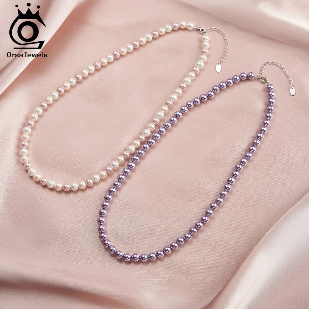 ORSA JEWELS 6mm Natural Shell Pearls Beaded Necklace 925 Silver Pink Purple Round Shell Choker Chain Wedding Pearl Chain PSN03