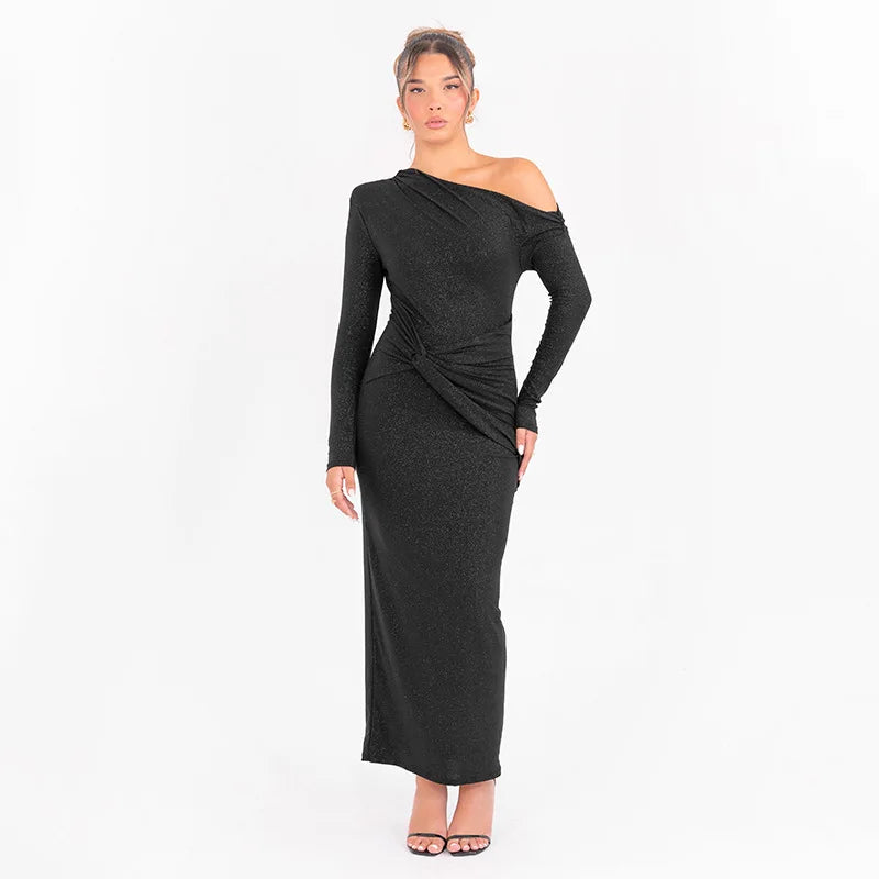 Elegant Long Sleeved One Shoudle Shiny Pleated Bodycon Party Evening Dress Women Spring New 2025 Tight Sexy Prom Vestidos