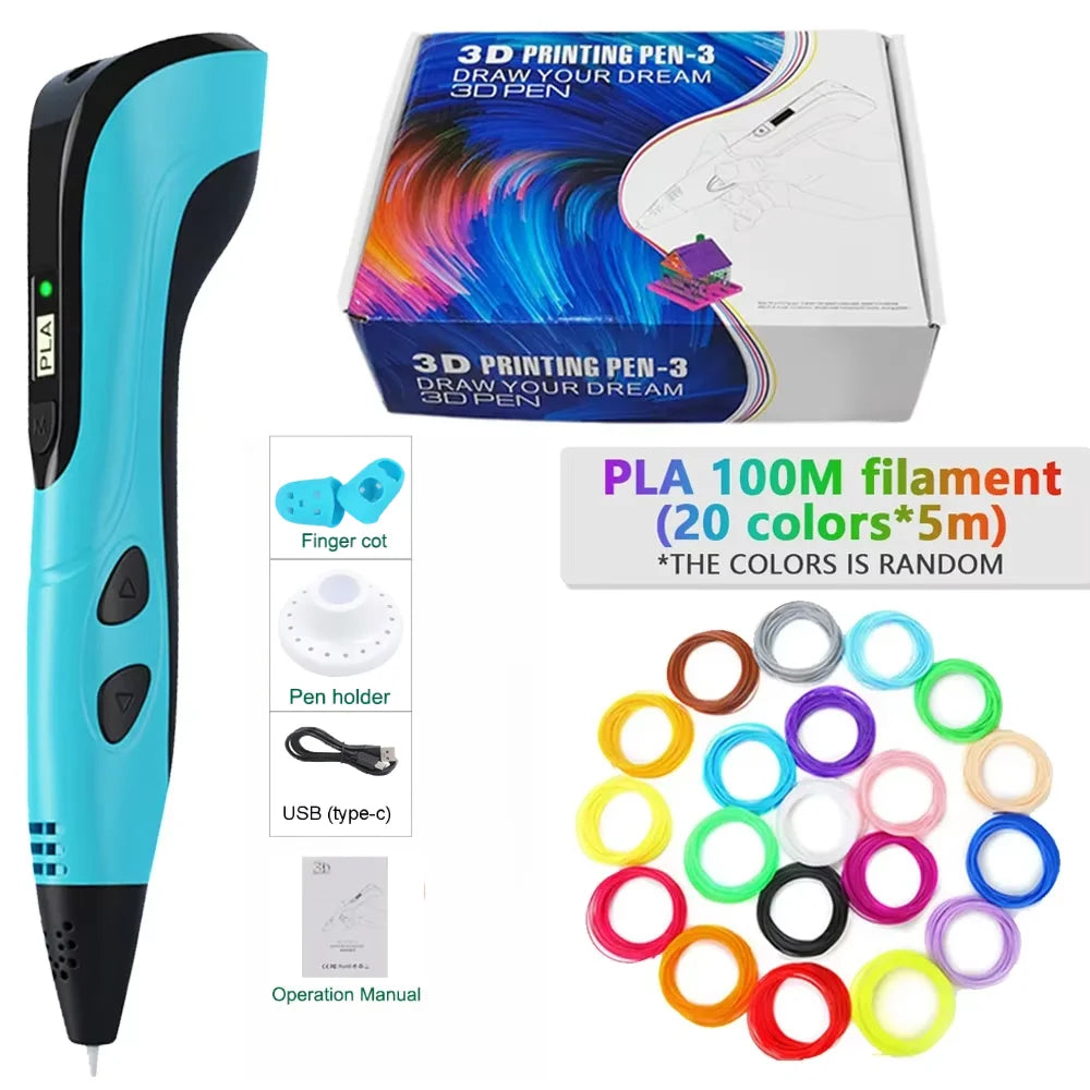 3D Printing Pen With LED Display 3D Pen Set for Kids Filament Children USB Drawing Tool Drawing Toy DIY Christmas Birthday Gift