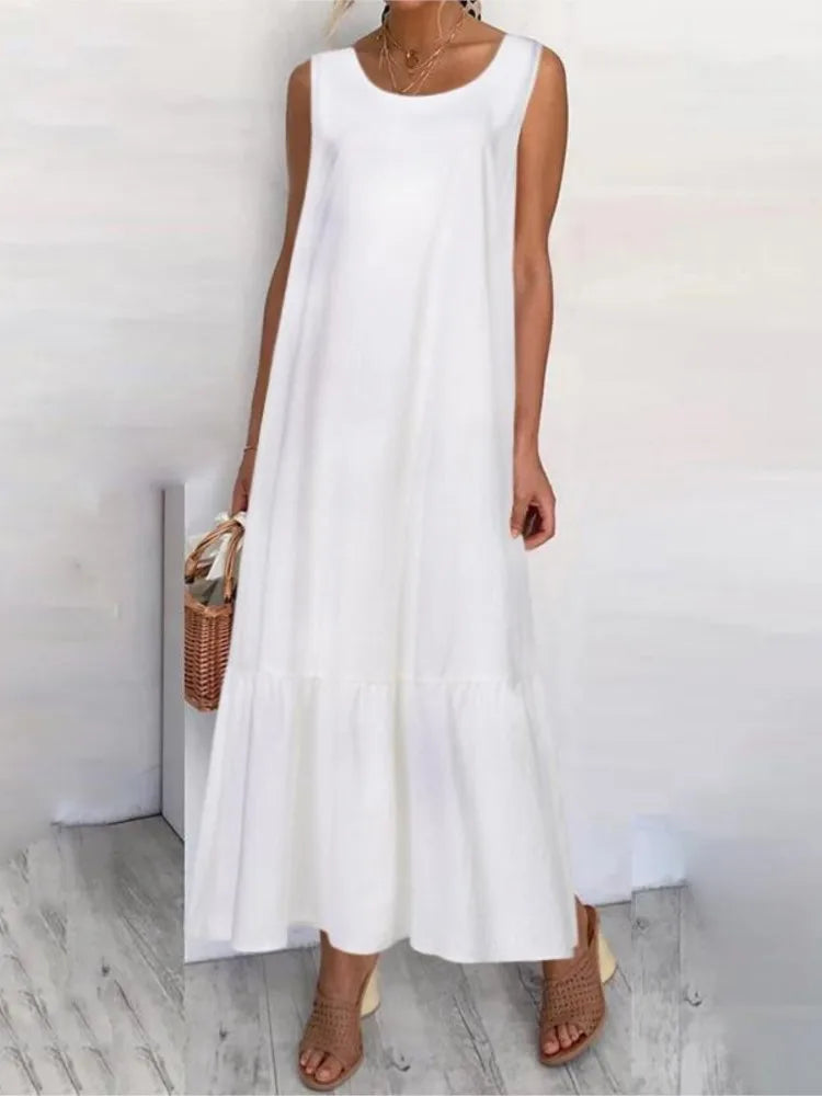 Casual Loose White Maxi Dresses For Women Summer 2024 Fashion Sleeveless Straped O Neck Long Dress Elegant Vestidos