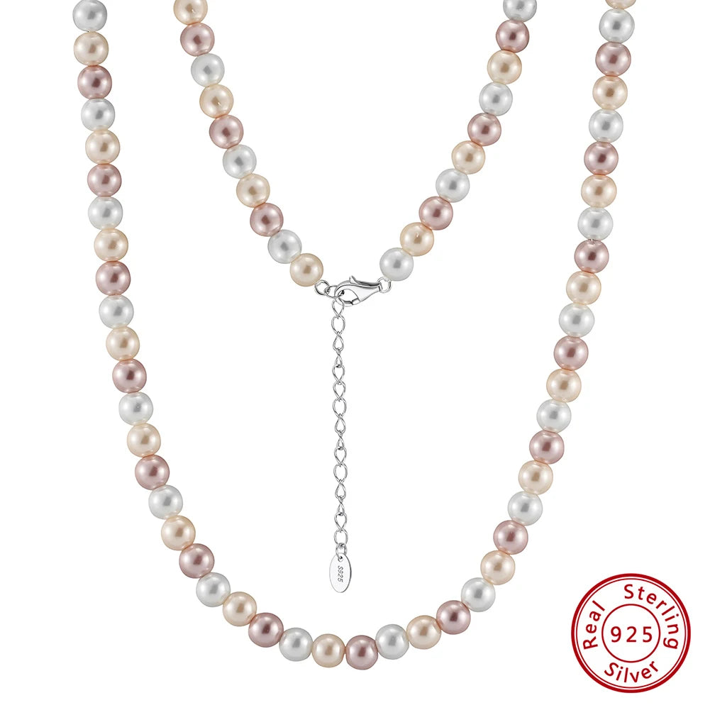 ORSA JEWELS 6mm Natural Shell Pearls Beaded Necklace 925 Silver Pink Purple Round Shell Choker Chain Wedding Pearl Chain PSN03