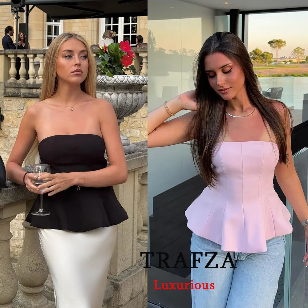TRAFZA Sexy Butter Yellow Cami Ruffles Tube Tops Women Fashion 2025 Summer Strapless Y2K Girl Streetwear Tops Holiday Party Tops