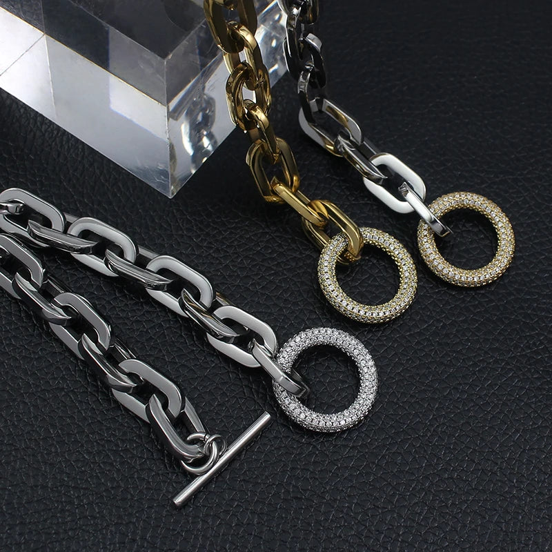 316L Stainless Steel Paperclip Links Bracelets With Cubic Zirconia T Toggle Clasp Waterproof Wristband Punk Hip Hop Jewelry