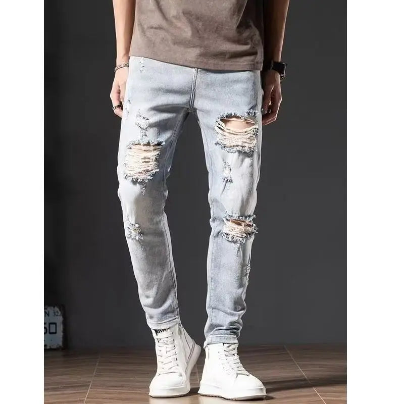 Trendy Brand Ripped Light-color Jeans Men's 2025 Spring Summer Thin Slim-fit Pants Ruffian Hands Pants Ripped Jeans Men Clothing