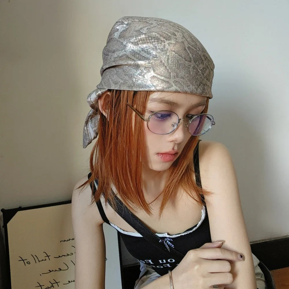 Fashion Y2K Snake Print Hair Scarf Soft Square Serpentine Hair Band Hip Hop Turban Snake Punk Bandana Girls