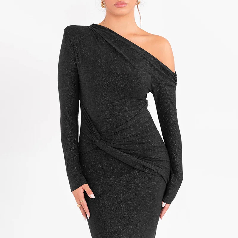 Elegant Long Sleeved One Shoudle Shiny Pleated Bodycon Party Evening Dress Women Spring New 2025 Tight Sexy Prom Vestidos