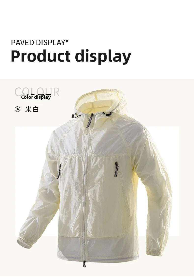 UPF50+Men's Hooded Windbreaker Jacket - Ultra Light Summer Zipper Pocket Elastic Cuffs Suitable for Outdoor Hiking and Running