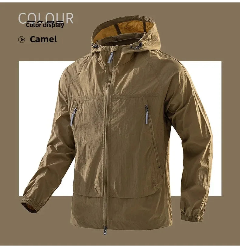 UPF50+Men's Hooded Windbreaker Jacket - Ultra Light Summer Zipper Pocket Elastic Cuffs Suitable for Outdoor Hiking and Running