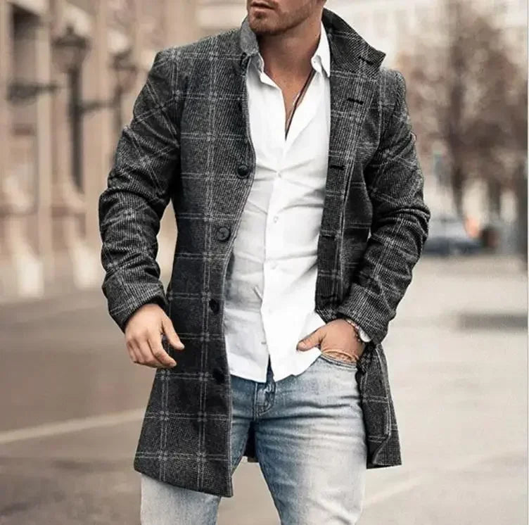 Checkered Men's Trench 2025 New Coat Autumn Winter Outdoor Casual Fashion Windproof Trench Coat Woolen Jacket Clothing