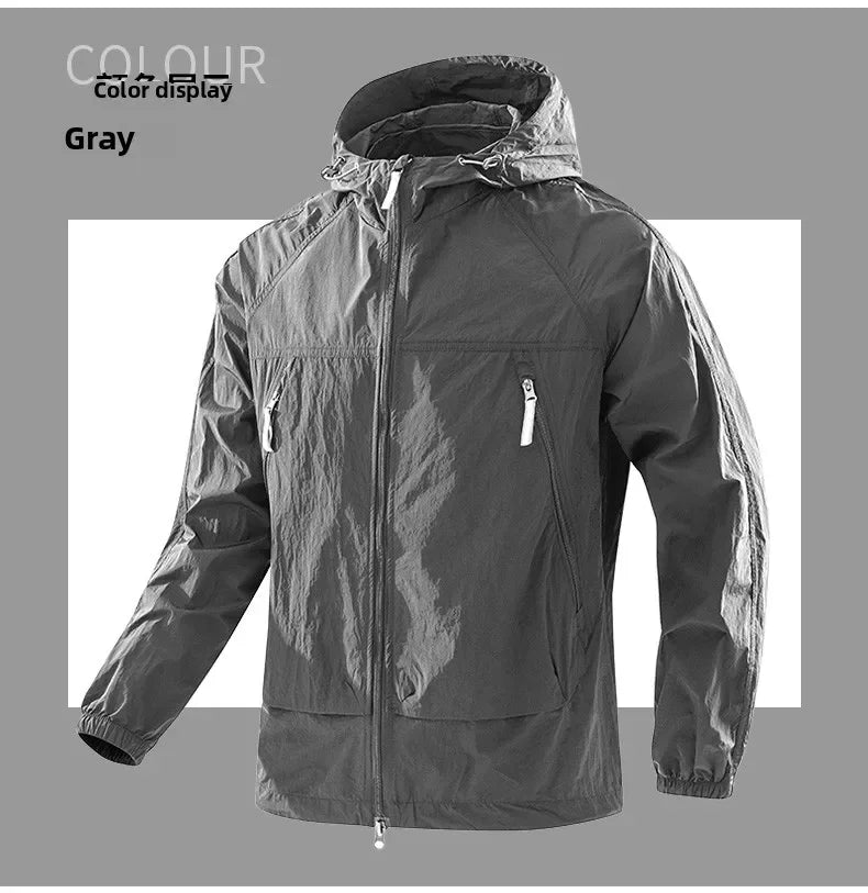 UPF50+Men's Hooded Windbreaker Jacket - Ultra Light Summer Zipper Pocket Elastic Cuffs Suitable for Outdoor Hiking and Running