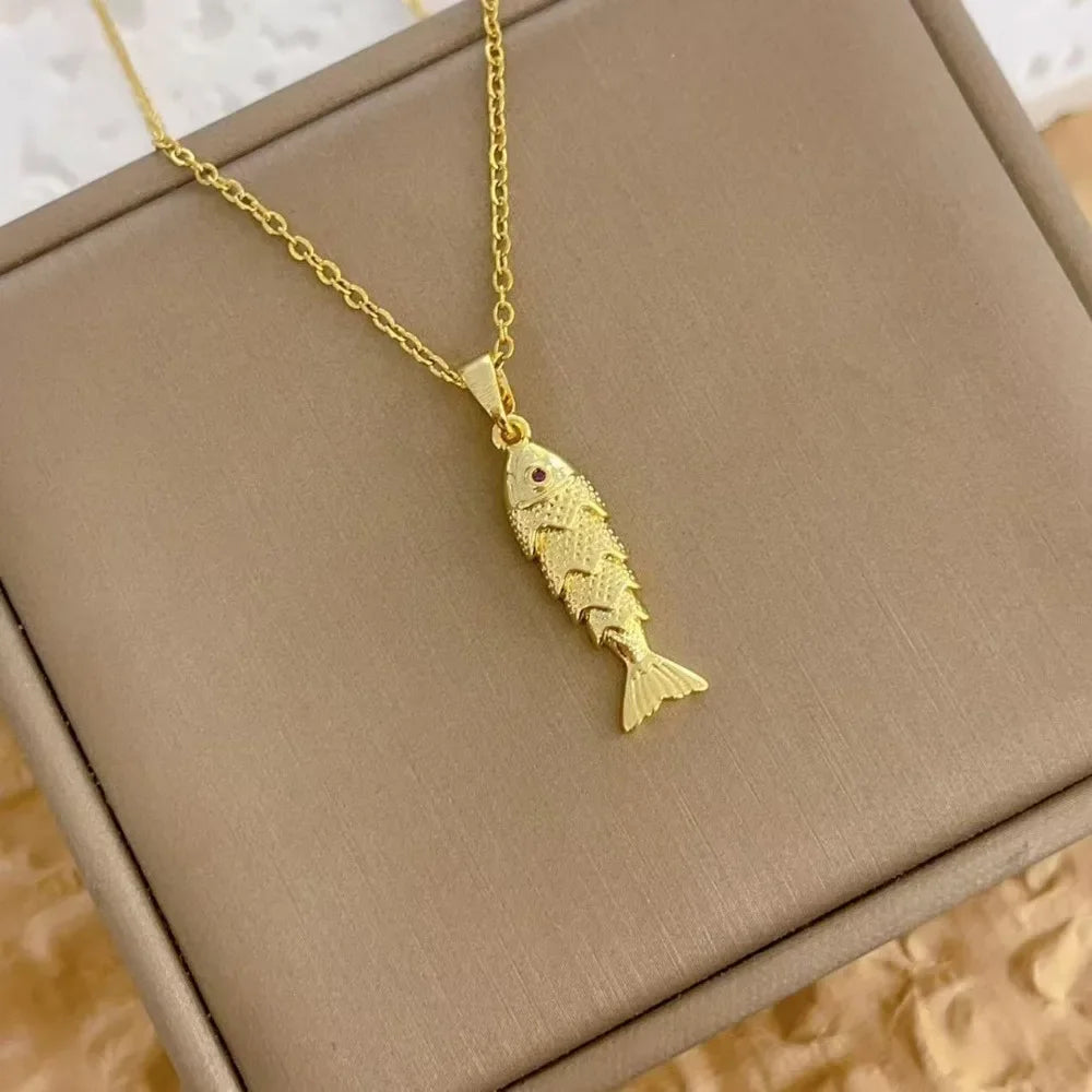 Charm Gold Color Stainless Steel Stereo Koi Purple Zircon Fish Eyes Pendant Necklace for Women Personality Collar Chain Jewelry