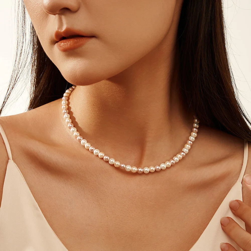 ORSA JEWELS 6mm Natural Shell Pearls Beaded Necklace 925 Silver Pink Purple Round Shell Choker Chain Wedding Pearl Chain PSN03