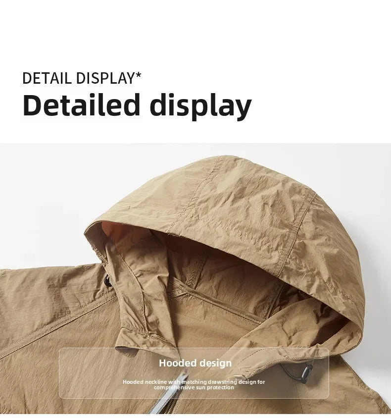 UPF50+Men's Hooded Windbreaker Jacket - Ultra Light Summer Zipper Pocket Elastic Cuffs Suitable for Outdoor Hiking and Running