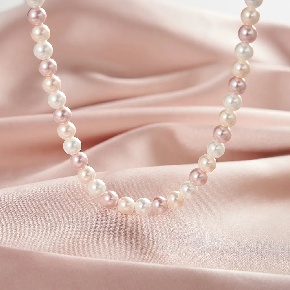 ORSA JEWELS 6mm Natural Shell Pearls Beaded Necklace 925 Silver Pink Purple Round Shell Choker Chain Wedding Pearl Chain PSN03