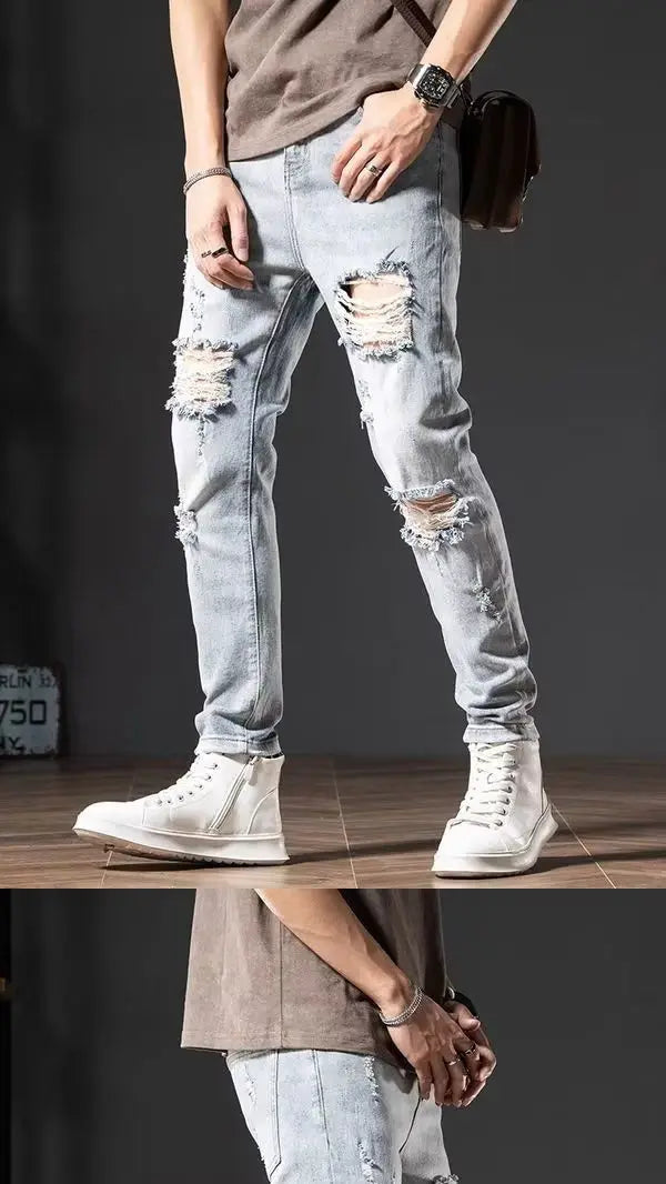 Trendy Brand Ripped Light-color Jeans Men's 2025 Spring Summer Thin Slim-fit Pants Ruffian Hands Pants Ripped Jeans Men Clothing