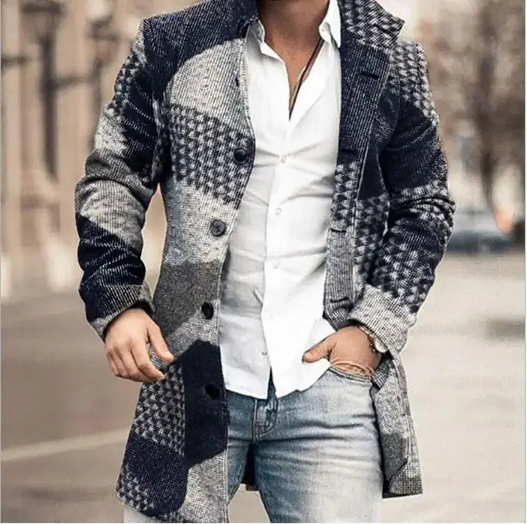 Checkered Men's Trench 2025 New Coat Autumn Winter Outdoor Casual Fashion Windproof Trench Coat Woolen Jacket Clothing
