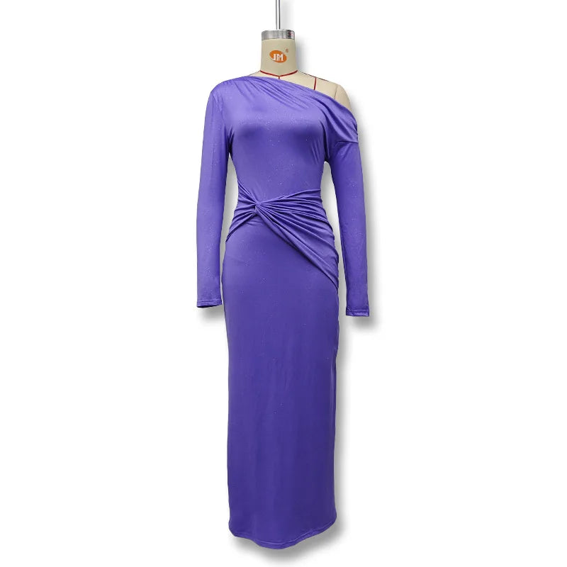 Elegant Long Sleeved One Shoudle Shiny Pleated Bodycon Party Evening Dress Women Spring New 2025 Tight Sexy Prom Vestidos
