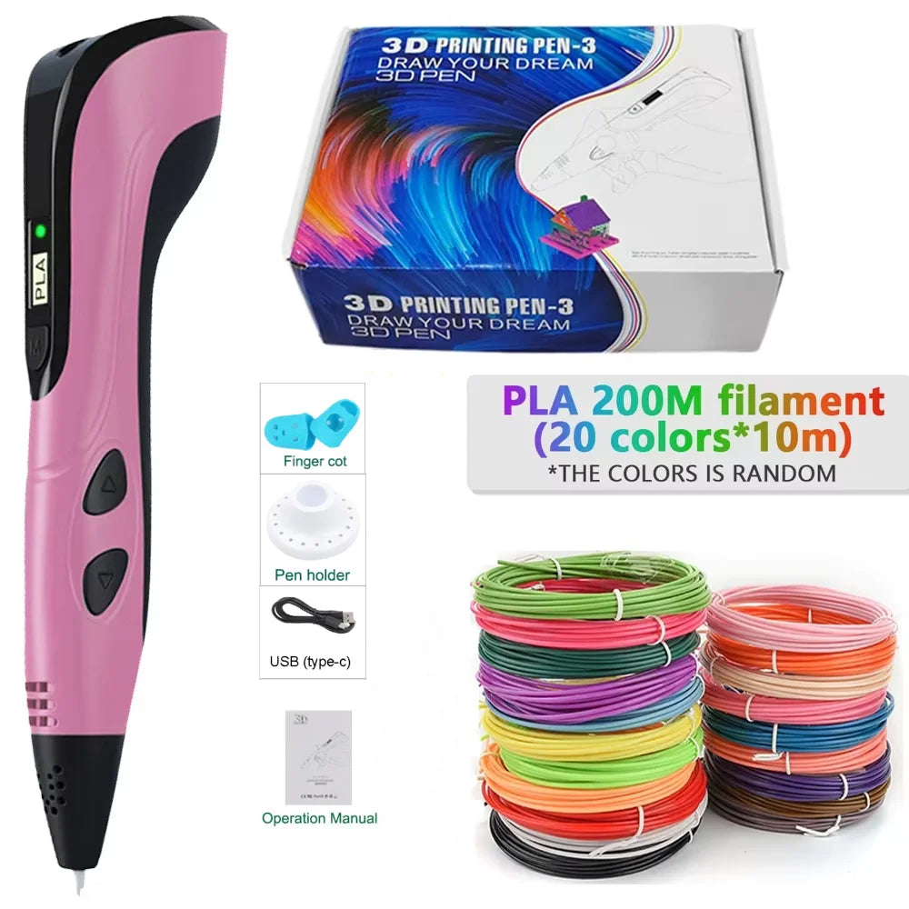 3D Printing Pen With LED Display 3D Pen Set for Kids Filament Children USB Drawing Tool Drawing Toy DIY Christmas Birthday Gift