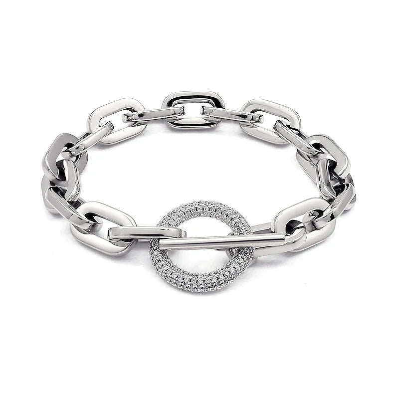 316L Stainless Steel Paperclip Links Bracelets With Cubic Zirconia T Toggle Clasp Waterproof Wristband Punk Hip Hop Jewelry