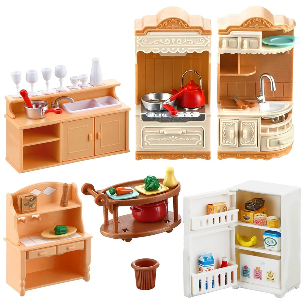 Dollhouse Furniture Kitchen Play Set Miniature Refrigerator 1:12 Mini Food Living Room Sofa Set Pretend Play  Accessores Toy