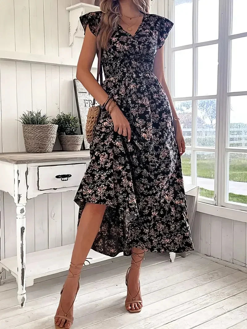 Plus Size Women's Trendy Floral Maxi Dress - Casual Long Dress with All-Over Petal Prints & Relaxed Silhouette