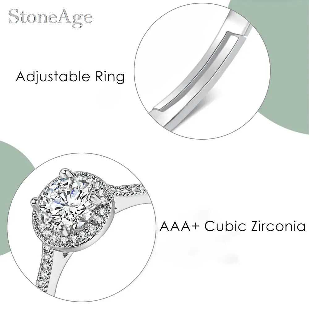Adjustable Solitaire Rings for Women Bridal Classic Silver Color AAA+Cubic Zirconia Wedding Engagement Marriage Ring Jewelry