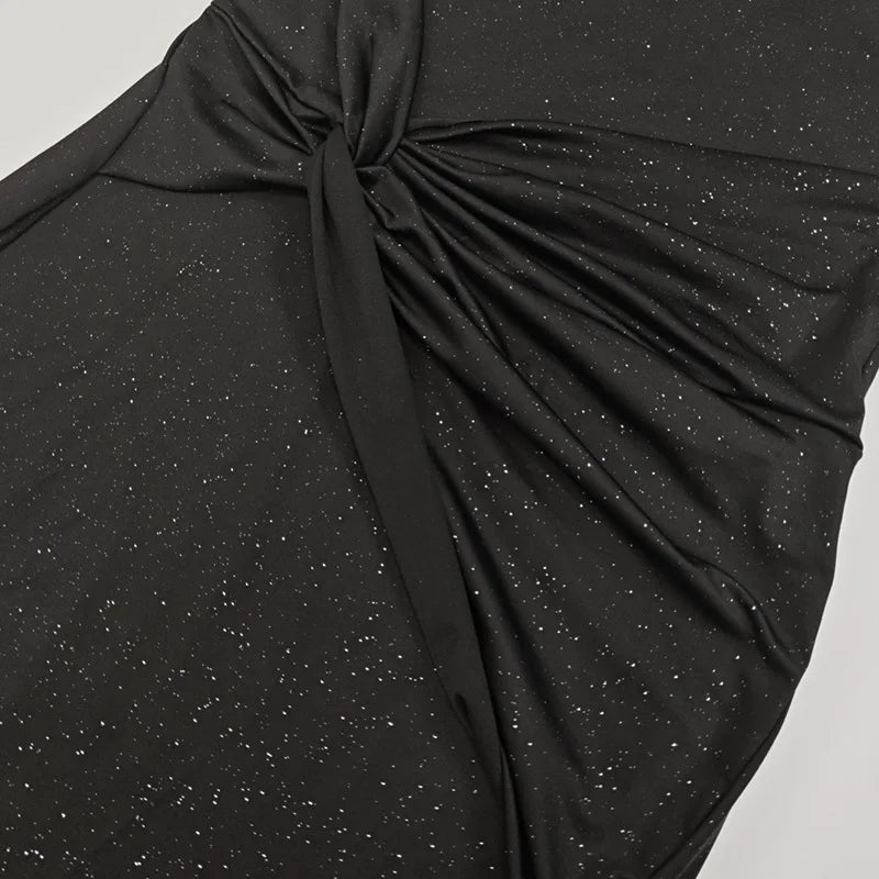 Elegant Long Sleeved One Shoudle Shiny Pleated Bodycon Party Evening Dress Women Spring New 2025 Tight Sexy Prom Vestidos