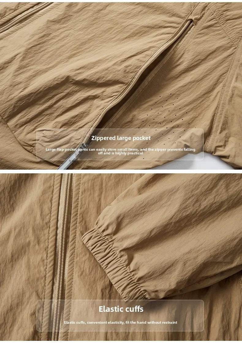 UPF50+Men's Hooded Windbreaker Jacket - Ultra Light Summer Zipper Pocket Elastic Cuffs Suitable for Outdoor Hiking and Running