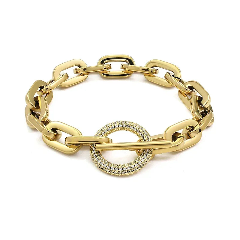 316L Stainless Steel Paperclip Links Bracelets With Cubic Zirconia T Toggle Clasp Waterproof Wristband Punk Hip Hop Jewelry