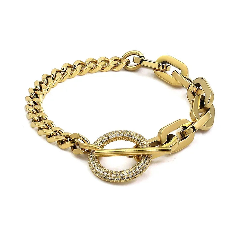 316L Stainless Steel Paperclip Links Bracelets With Cubic Zirconia T Toggle Clasp Waterproof Wristband Punk Hip Hop Jewelry