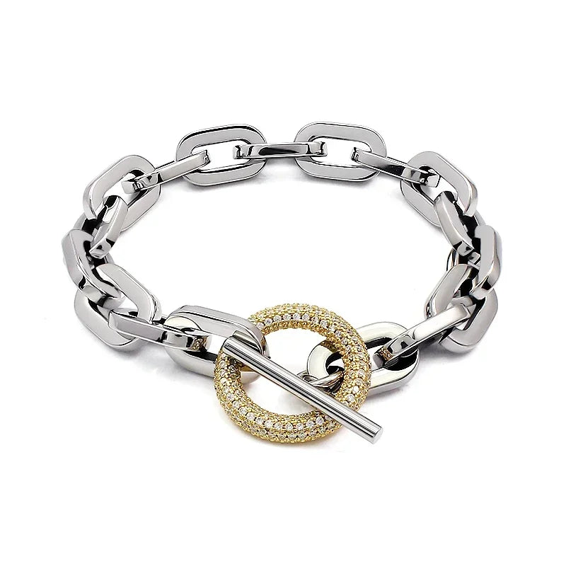 316L Stainless Steel Paperclip Links Bracelets With Cubic Zirconia T Toggle Clasp Waterproof Wristband Punk Hip Hop Jewelry