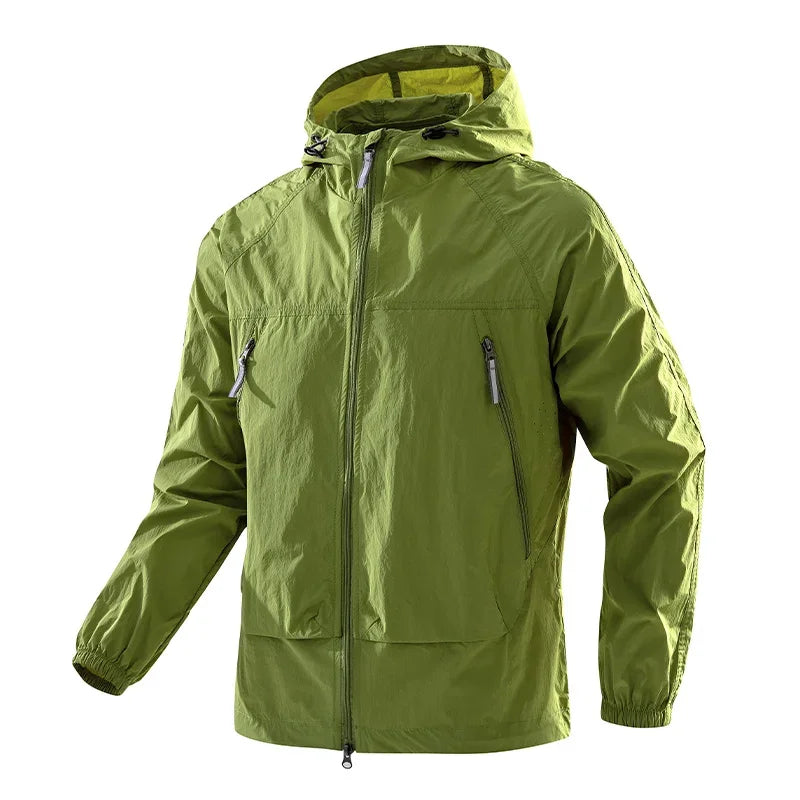UPF50+Men's Hooded Windbreaker Jacket - Ultra Light Summer Zipper Pocket Elastic Cuffs Suitable for Outdoor Hiking and Running