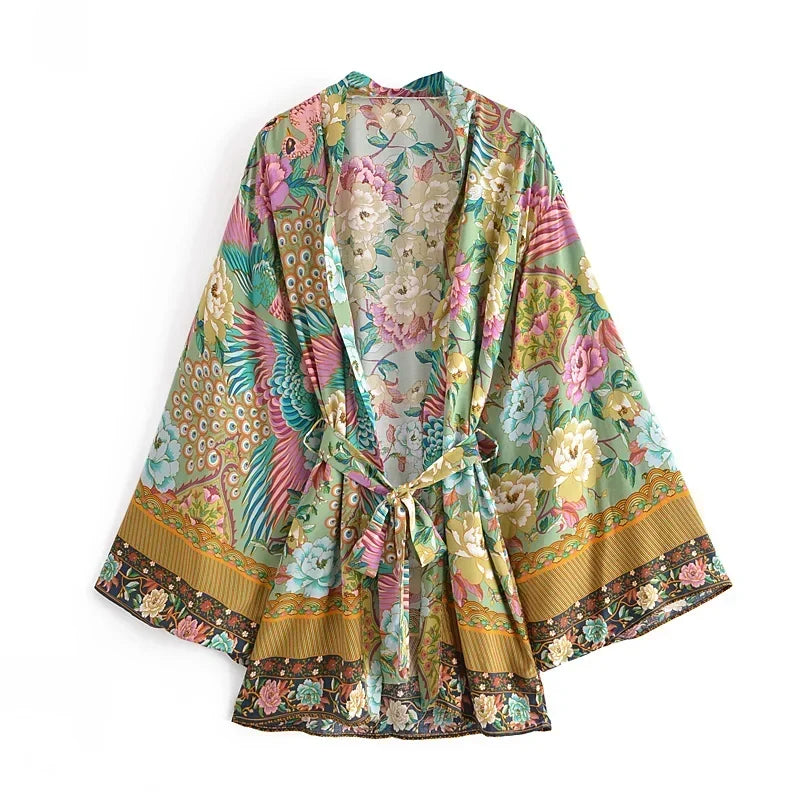 Boho Queens Vintage Green Peacock Floral Print Sashes Kimono Women Bohemian V Neck Batwing Sleeves Happie Short Robe Kimono