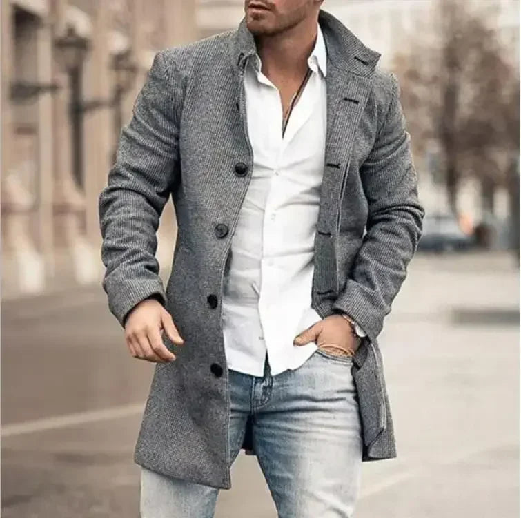 Checkered Men's Trench 2025 New Coat Autumn Winter Outdoor Casual Fashion Windproof Trench Coat Woolen Jacket Clothing