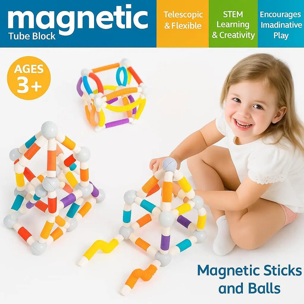 Flexible Retractable Magnetic Sticks Building Toy Set, Magnetic Tube Block, Flexible STEM Building Toys for 3+ Year Block Toys