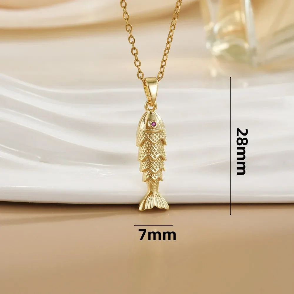 Charm Gold Color Stainless Steel Stereo Koi Purple Zircon Fish Eyes Pendant Necklace for Women Personality Collar Chain Jewelry