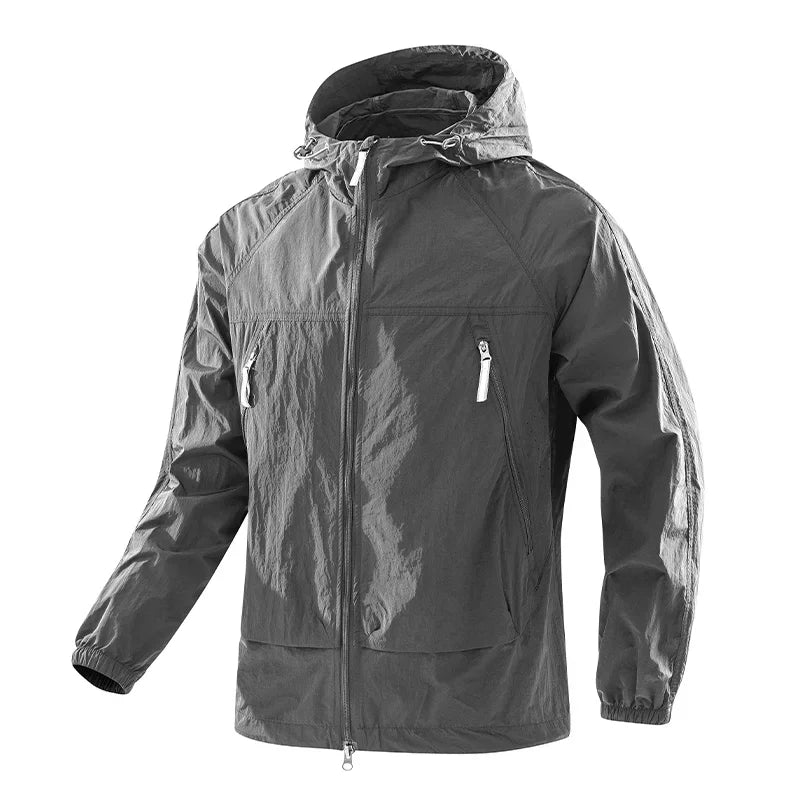 UPF50+Men's Hooded Windbreaker Jacket - Ultra Light Summer Zipper Pocket Elastic Cuffs Suitable for Outdoor Hiking and Running