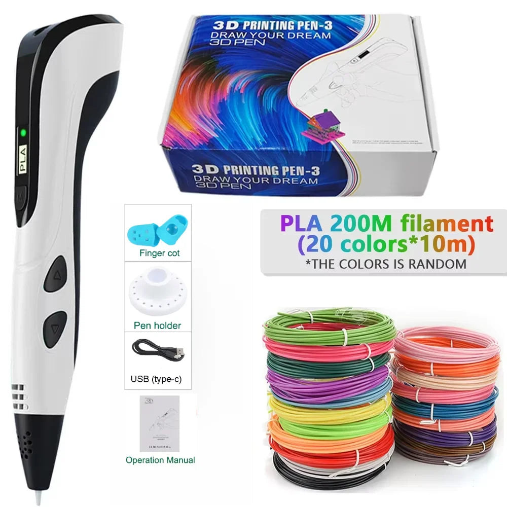 3D Printing Pen With LED Display 3D Pen Set for Kids Filament Children USB Drawing Tool Drawing Toy DIY Christmas Birthday Gift