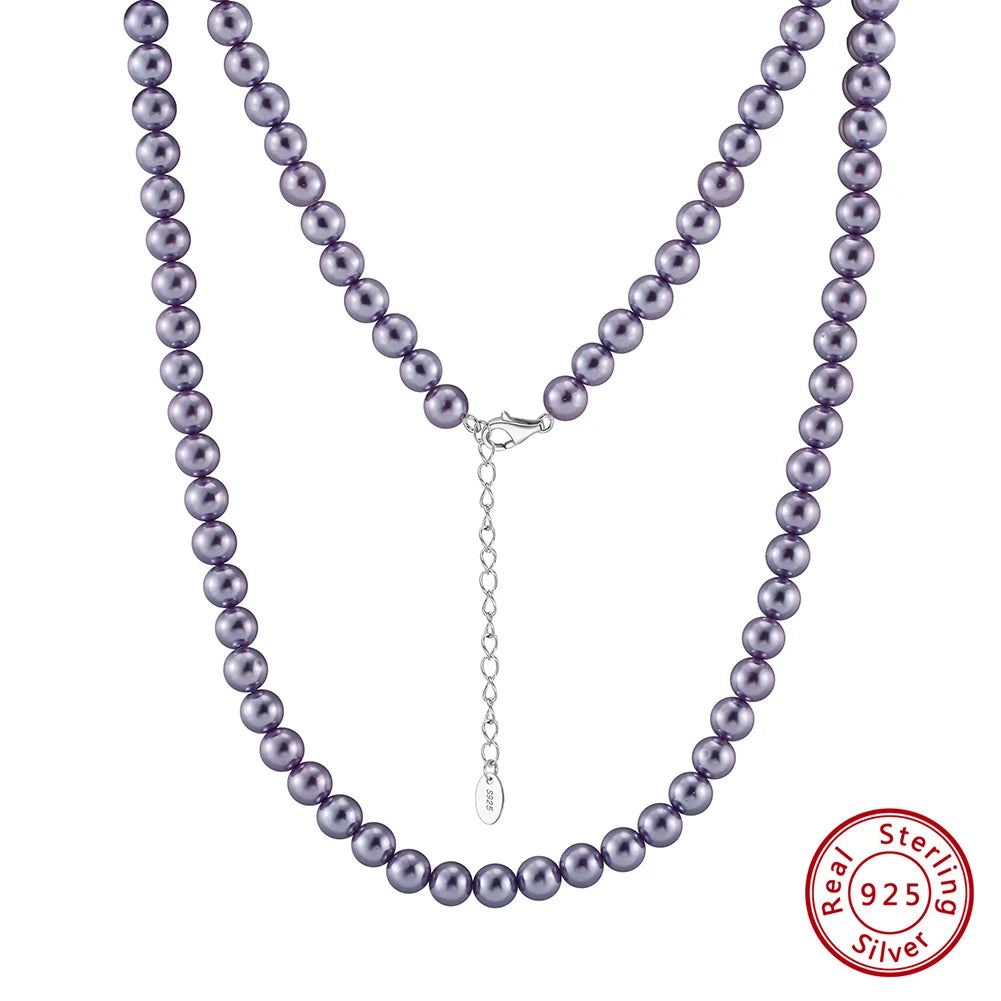 ORSA JEWELS 6mm Natural Shell Pearls Beaded Necklace 925 Silver Pink Purple Round Shell Choker Chain Wedding Pearl Chain PSN03