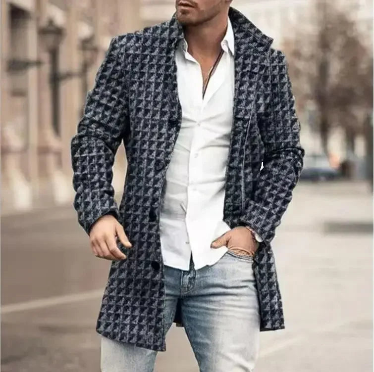 Checkered Men's Trench 2025 New Coat Autumn Winter Outdoor Casual Fashion Windproof Trench Coat Woolen Jacket Clothing