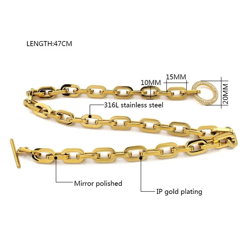 316L Stainless Steel Paperclip Links Bracelets With Cubic Zirconia T Toggle Clasp Waterproof Wristband Punk Hip Hop Jewelry