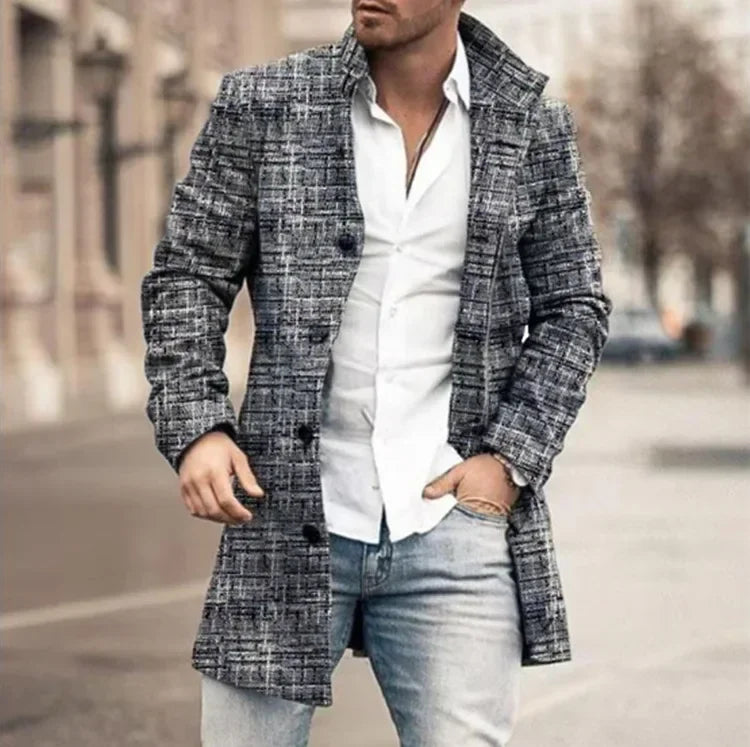 Checkered Men's Trench 2025 New Coat Autumn Winter Outdoor Casual Fashion Windproof Trench Coat Woolen Jacket Clothing