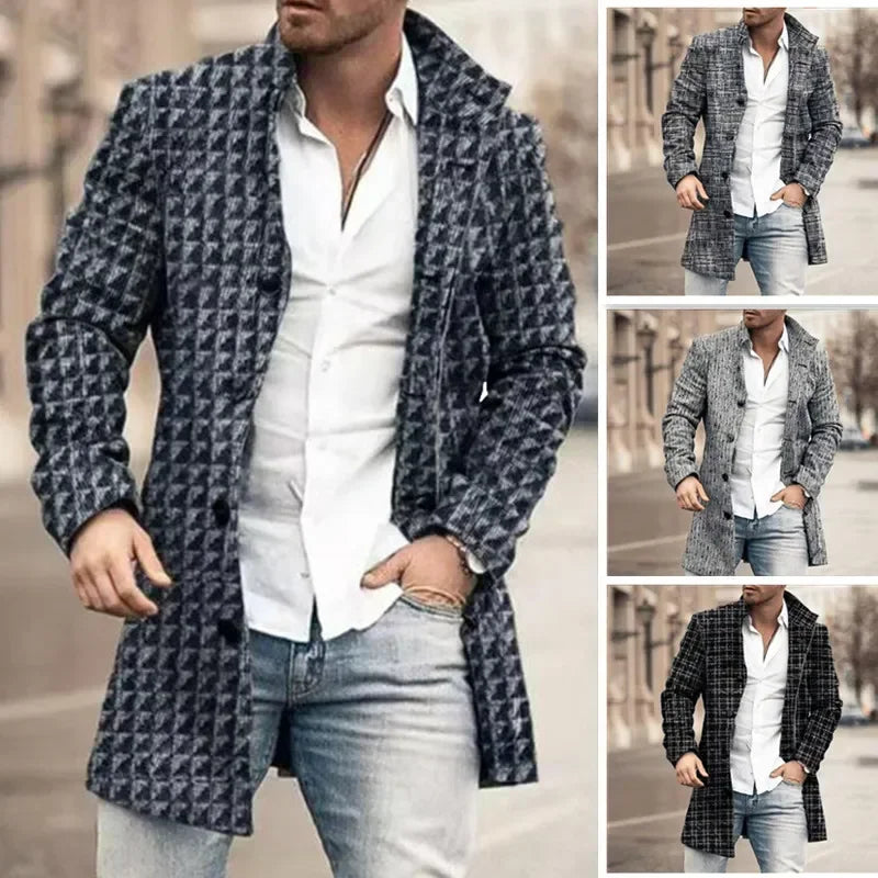 Checkered Men's Trench 2025 New Coat Autumn Winter Outdoor Casual Fashion Windproof Trench Coat Woolen Jacket Clothing