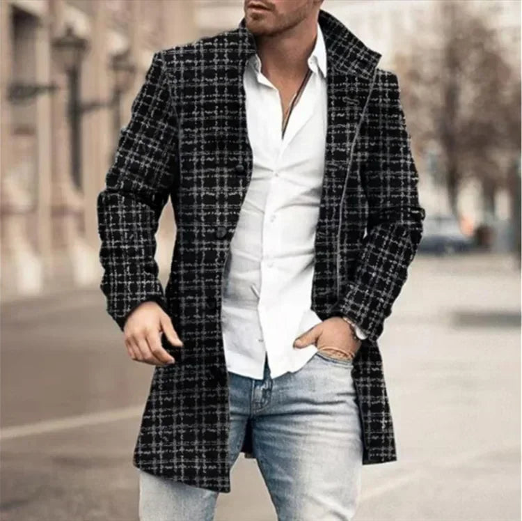 Checkered Men's Trench 2025 New Coat Autumn Winter Outdoor Casual Fashion Windproof Trench Coat Woolen Jacket Clothing