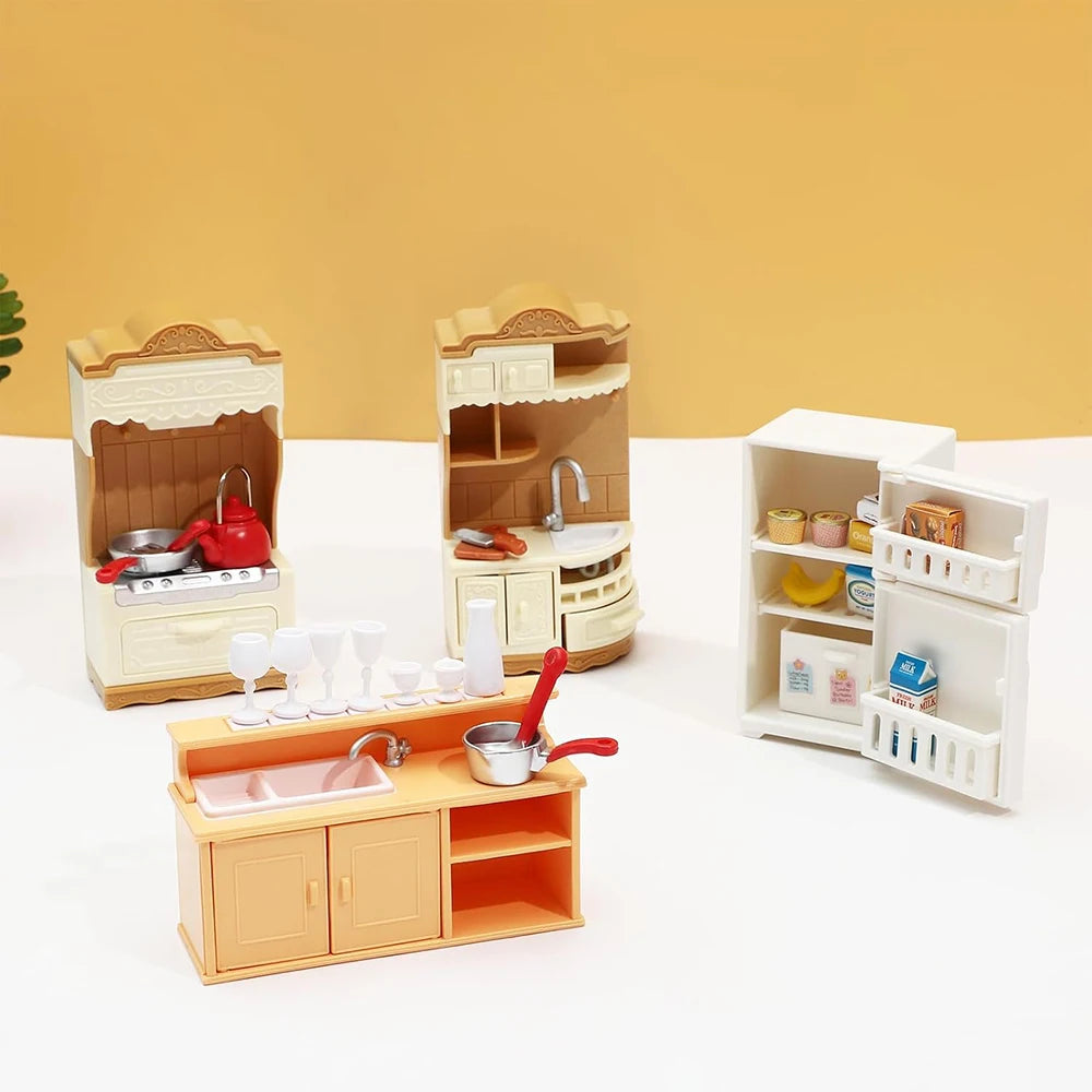 Dollhouse Furniture Kitchen Play Set Miniature Refrigerator 1:12 Mini Food Living Room Sofa Set Pretend Play  Accessores Toy