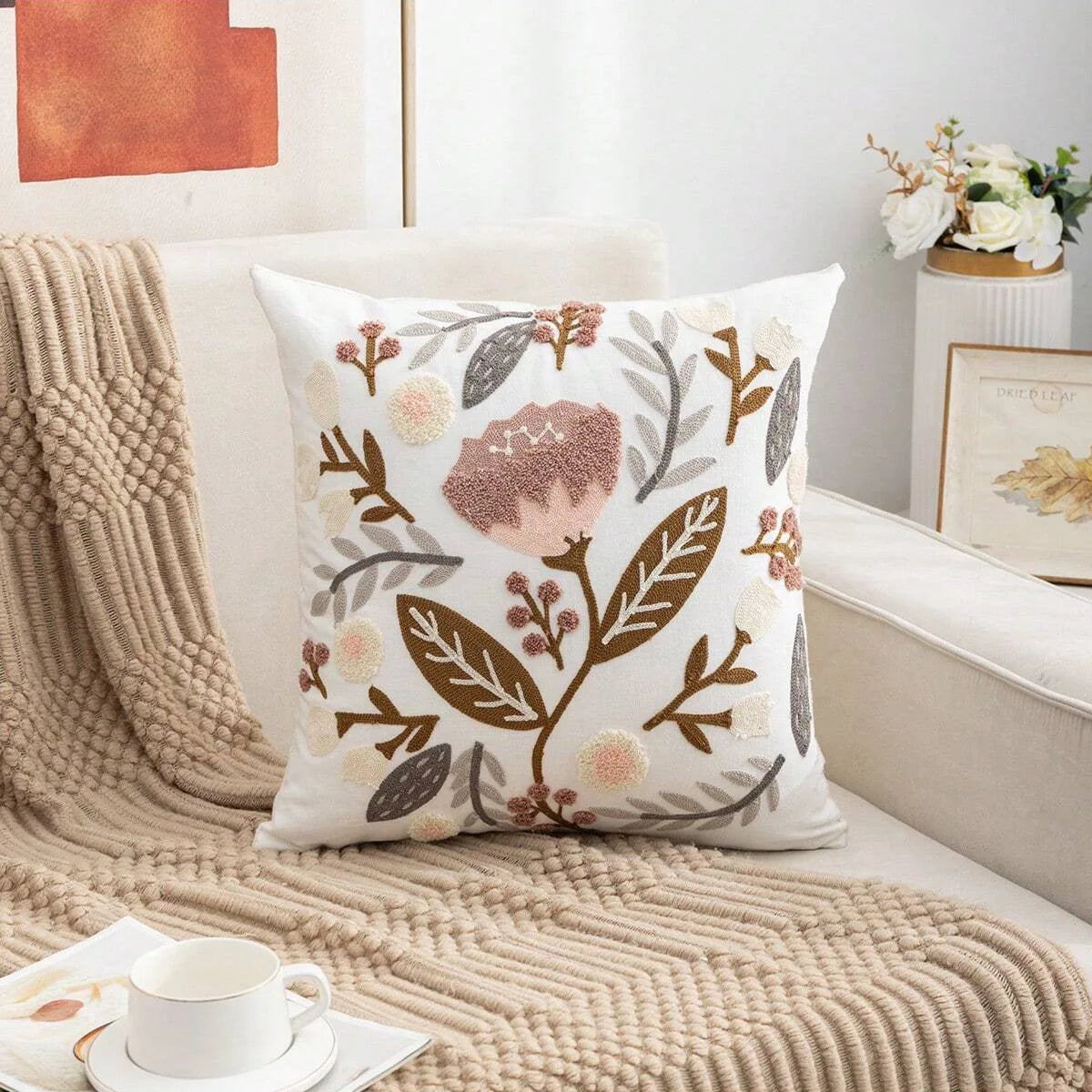 Embroidered flower pillowcase, natural style, modern and simple sofa head pillow